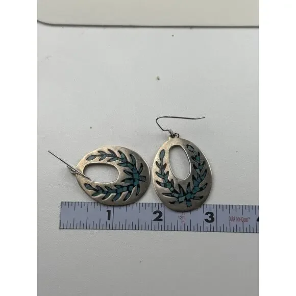 TM-121 Taxco Mexico Sterling Silver Pierced Earrings Inlaid Stone - Picture 2 of 12